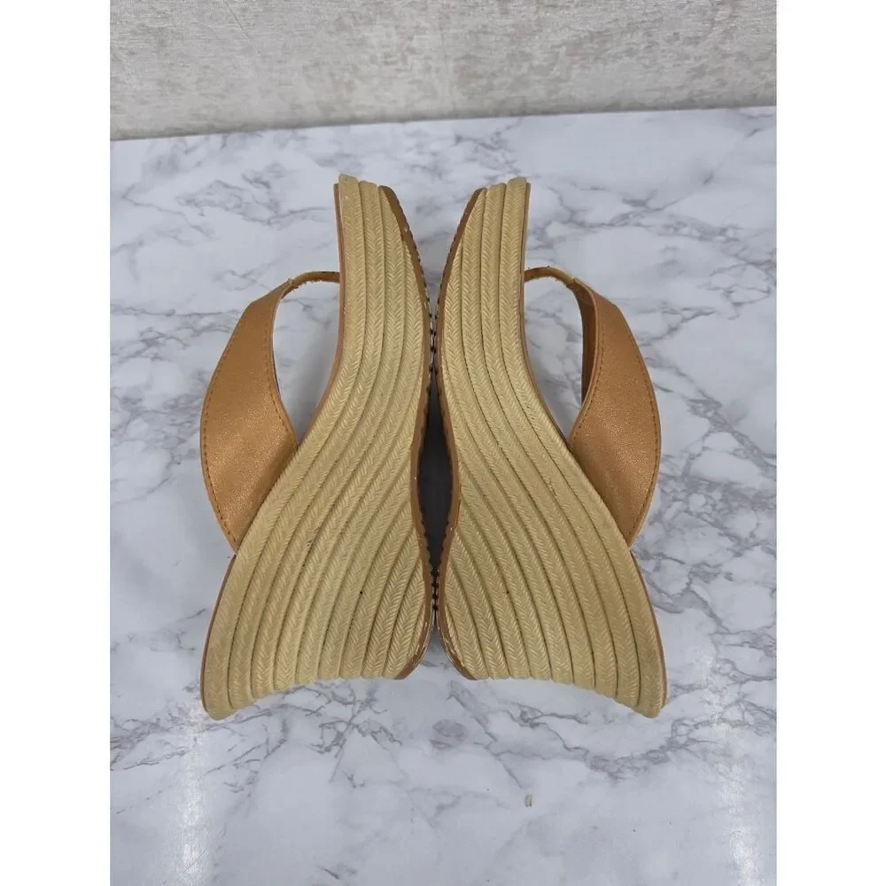 Y2K Vintage Wedge Platform Thong Sandals in Tan Leather Sttraps